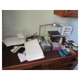 desk lamp,plastic container,reading glasses&items