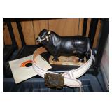 cow figurine,belt buckle & record