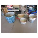 blue granite bucket & enamel pans