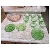 green & pink depression glass