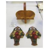 chalkware wall hangings & fold up wood basket