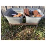 2 Square Wash Tubs, 1 Stand, Misc. Garden Pots