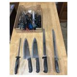 Various knives, chef knives, steak knives, etc