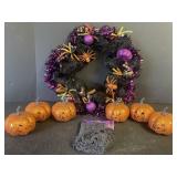 Halloween wreath, carved pumpkin decor, cloths