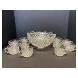 Cut glass punch bowl set with 10 glasses