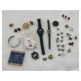 Vtg charms, watches, pins, buttons, etc