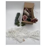 Misc artificial flowers & white lace garland