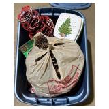 Christmas lights, ornaments, pine cones, tin