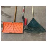 Plastic leaf rake, snow shovel, & snow brush