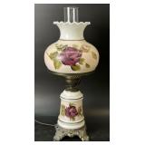 Hand Painted Milk Glass Hurricane Parlor Lamp