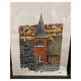 Church Steeple in the Fall Watercolor signed