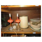 shelf lamps, plastic containers, metal trivet etc