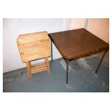 (5) Wooden folding tv tables & a vintage card