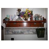 WOOD SHELF WITH CONTENTS & OTHER HOME DECOR
