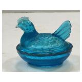 MINIATURE BLUE GLASS HEN ON A NEST