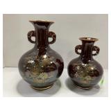 PAIR OF JAPANESS BROWN CERAMIC VASES - 10" & 8" T