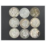 LOT OF 9 MERCURY ROOSEVELT & OTHER SILVER DIMES