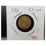 1911 INDIAN HEAD $2.50 QUARTER EAGLE GOLD COIN