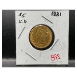 1881 LIBERTY HEAD $5.00 HALF EAGLE GOLD COIN