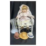 Porcelain doll with chair, stand, & accessories.