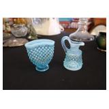 Fenton blue hobnail fan vase & cruet (no stopper)