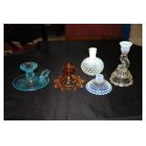 Lot - 4 Candle holders 1 blue finger candlestick