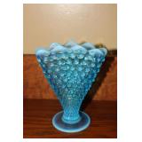 Fenton blue hobnail and opalescent fan vase