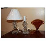 2 Pairs of clear glass lamps, amber fan style