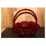 Large Fenton ruby red hobnail basket with ruffled