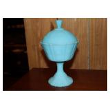 Fenton blue satin floral pattern lidded candy