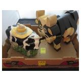 Ceramic Cow Cookie Jar & Wood Cow Decoration