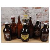 8 Beer Growlers, 7 glass, 1 stoneware w/enameled