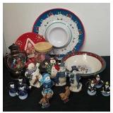 Snowman dishes, snowman ornaments and decor and a