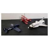 Small metal triplane, diecast space shuttle and