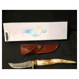 NEW Damascus 8" Stag Tip Slim Blade Knife with