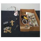 Box full of odds and ends jewelry, vintage shoe