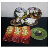 Two sets of four decorative chicken plates and