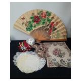 30-in Oriental fan decor, paper doilies, curtain