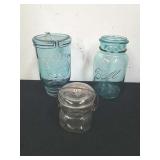 Vintage blue canning jar, and small clear canning