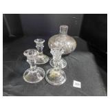 Lead cut glass vase and 4 candle holders