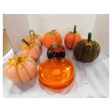 7 decorative pumpkins & plastic pumpkin plates