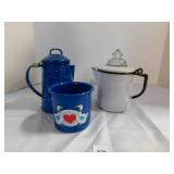 blue enamel pot and mug & Fireking coffee pot