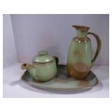 Frankoma Blue-green Pitcher, Teapot, & Platter