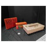 vintage tin; lotto(bingo) game; Menda tissue box