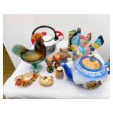 Assorted Chicken dï¿½cor items, kettles,