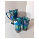 Carnival Glass Pitcher, Glasses, blue tone (5)