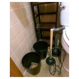 Square wood shelving, 2 trash cans, 2 plungers