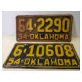 2 Vintage Oklahoma 1954 License Plates