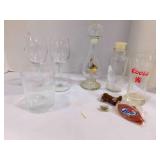 6 glassware-Expo Wine; Coors; Crown Royal; fish