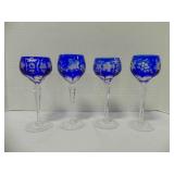 4) Cobalt Blue Crystal Stemmed Wine Glasses